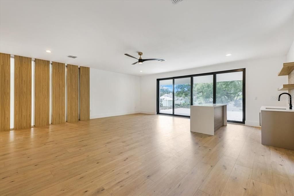 Empty room, Interior, Kitchen, Recessed Lighting, Wood Texture Flooring