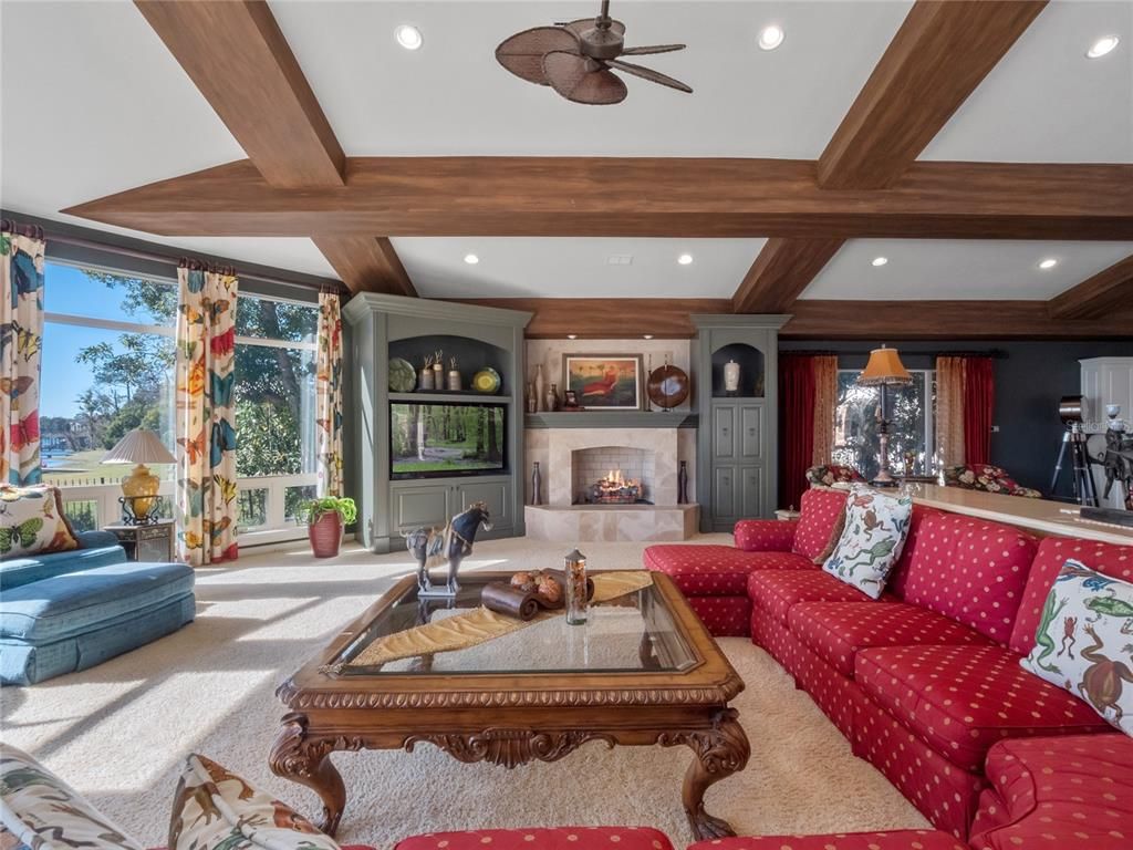 Fireplace, Interior, Living room, Recessed Lighting, Wooden Beams