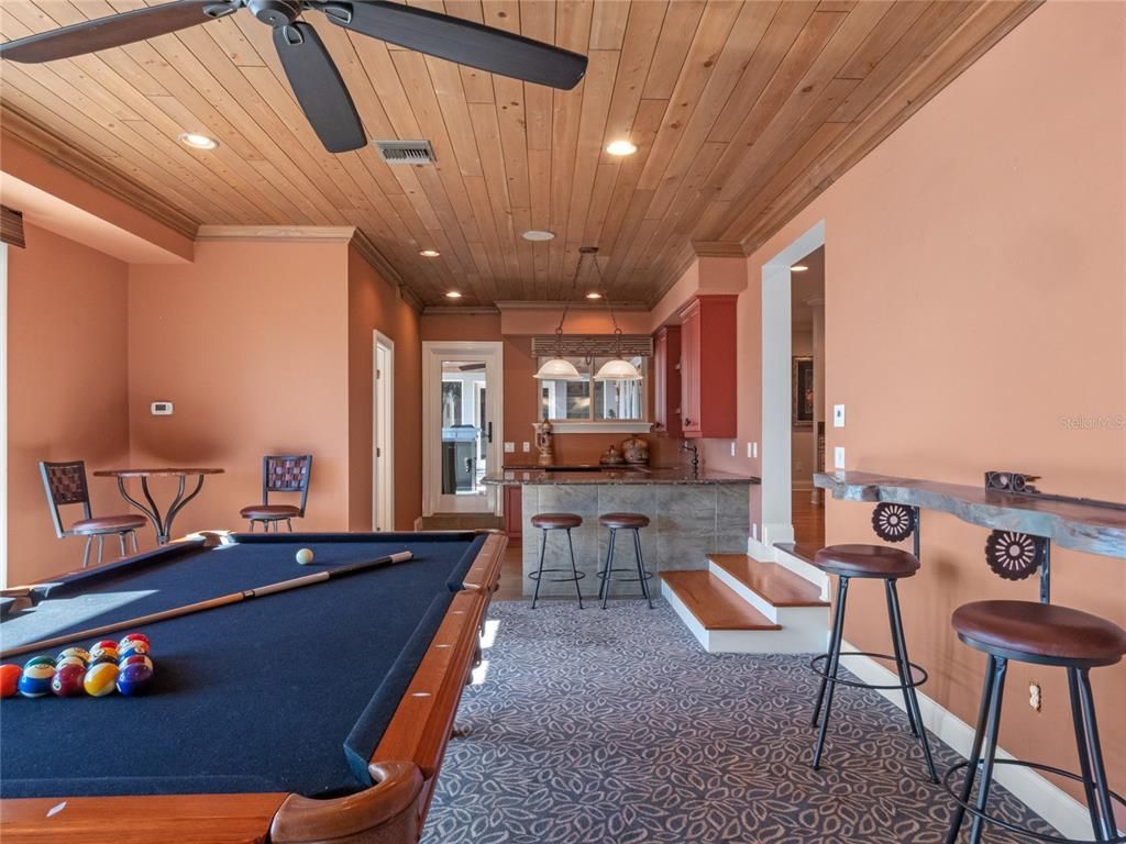 Billiard Table, Game Room, Interior, Pendant Lights, Recessed Lighting, Wooden Ceilings