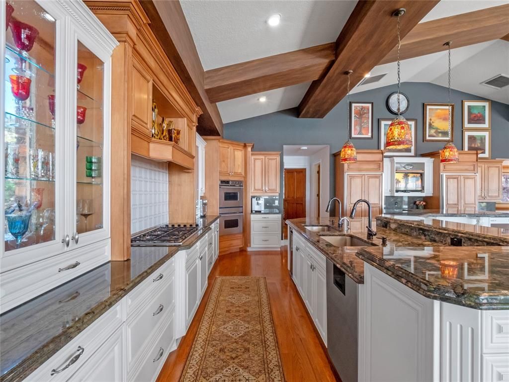 Interior, Kitchen, Pendant Lights, Recessed Lighting, Stainless Steel Appliances, Wooden Beams, Wood Texture Flooring