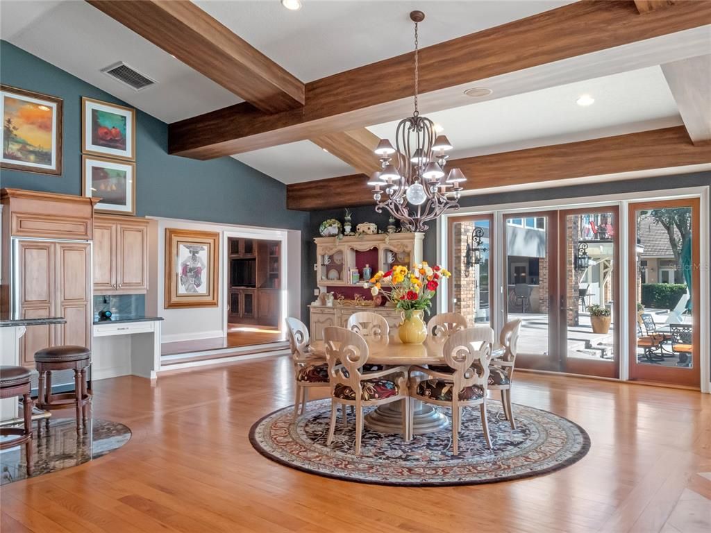 Chandelier, Dining room, Interior, Recessed Lighting, Wooden Beams, Wood Texture Flooring