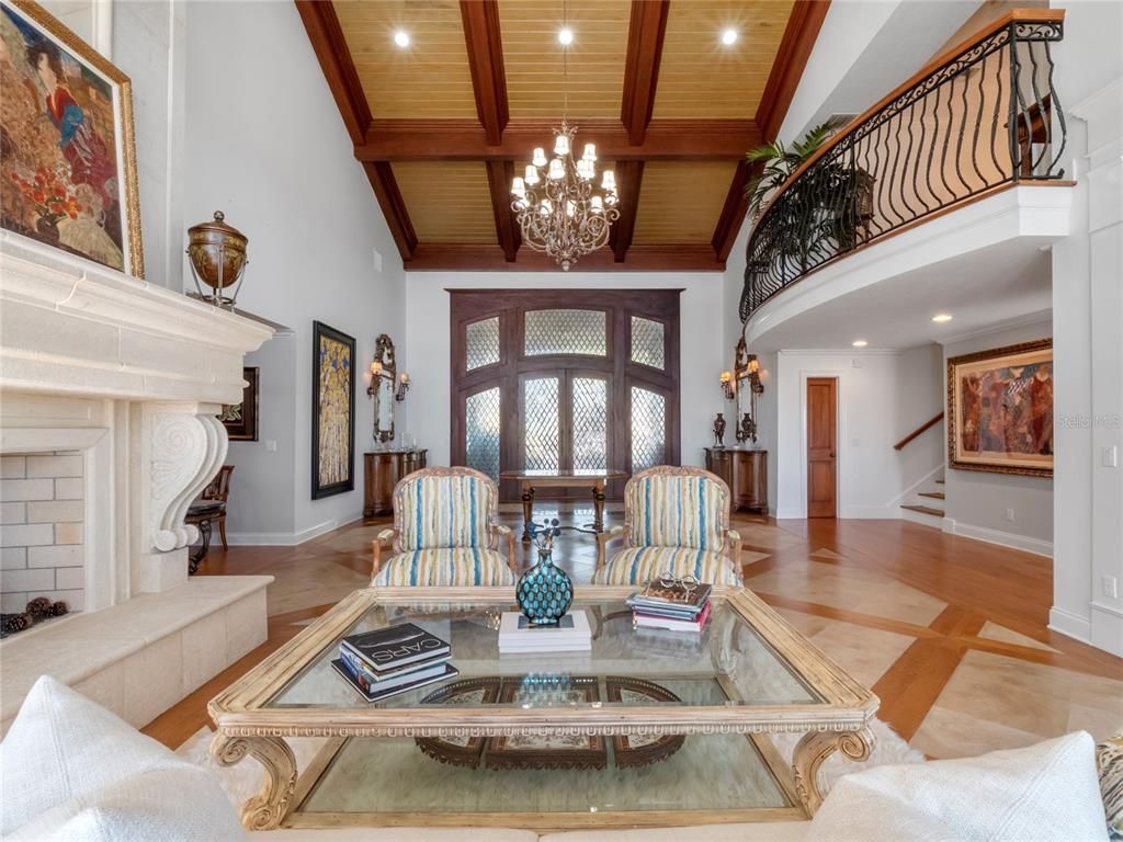 Chandelier, Fireplace, Interior, Living room, Recessed Lighting, Wooden Beams, Wooden Ceilings