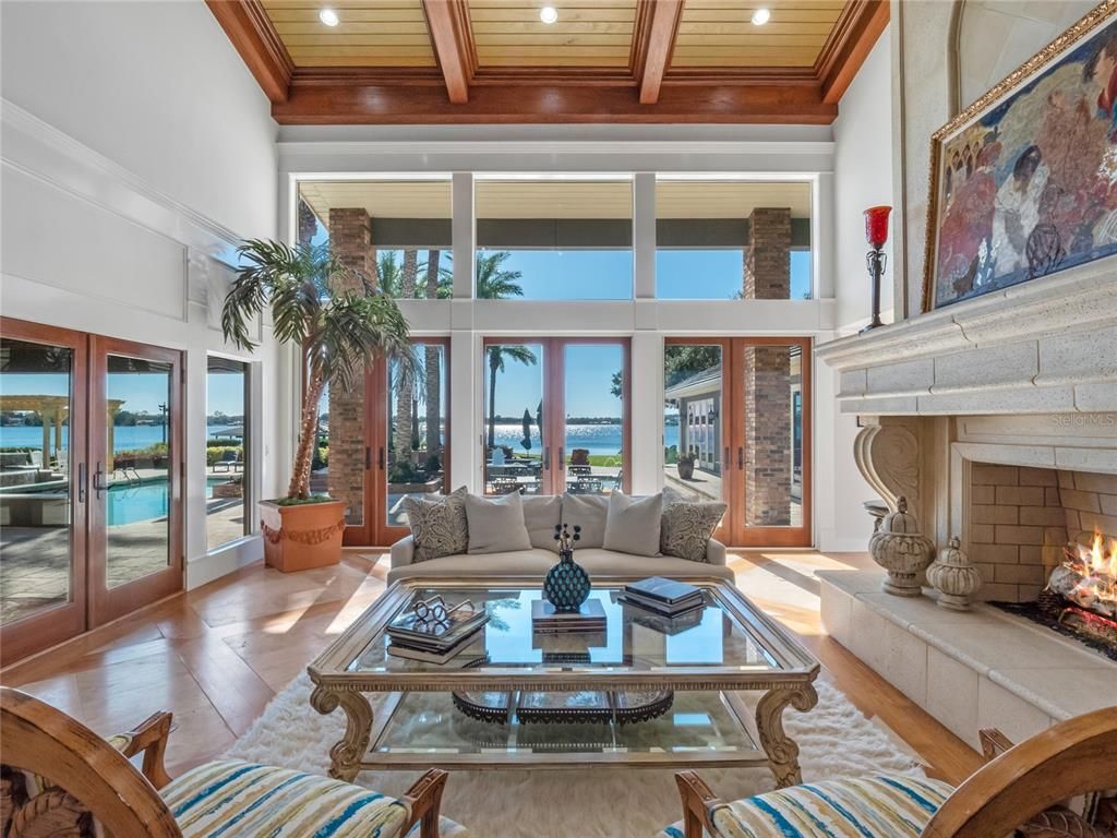Fireplace, Interior, Living room, Recessed Lighting, Water, Wooden Beams, Wooden Ceilings, Wood Texture Flooring