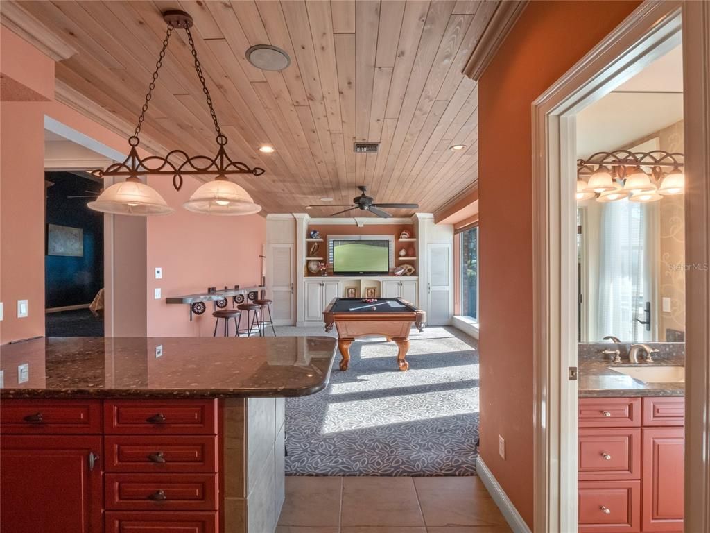 Billiard Table, Game Room, Interior, Pendant Lights, Recessed Lighting, Wooden Ceilings