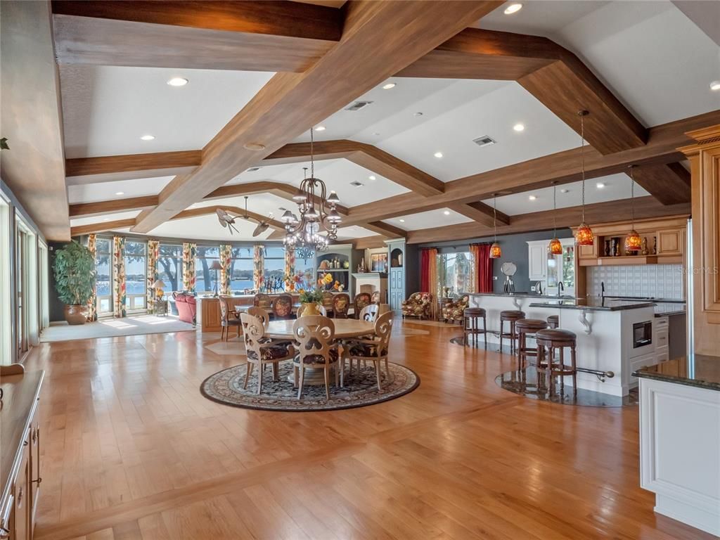 Chandelier, Dining room, Interior, Kitchen, Pendant Lights, Recessed Lighting, Wooden Beams, Wood Texture Flooring