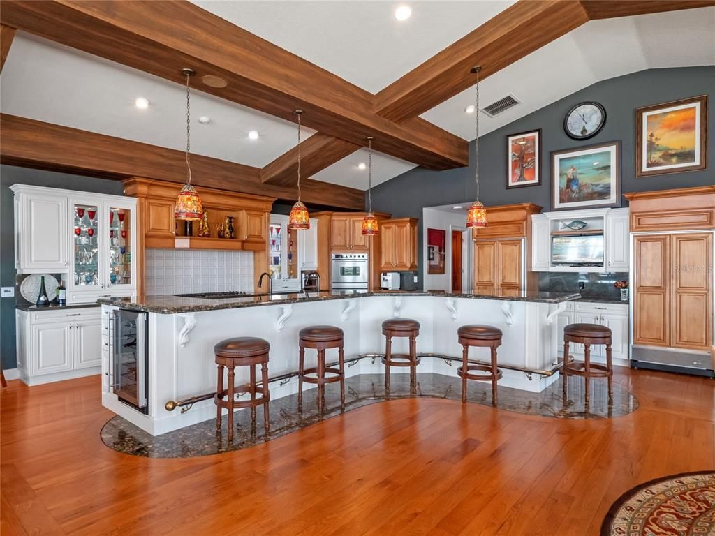 Interior, Kitchen, Pendant Lights, Recessed Lighting, Wooden Beams, Wood Texture Flooring