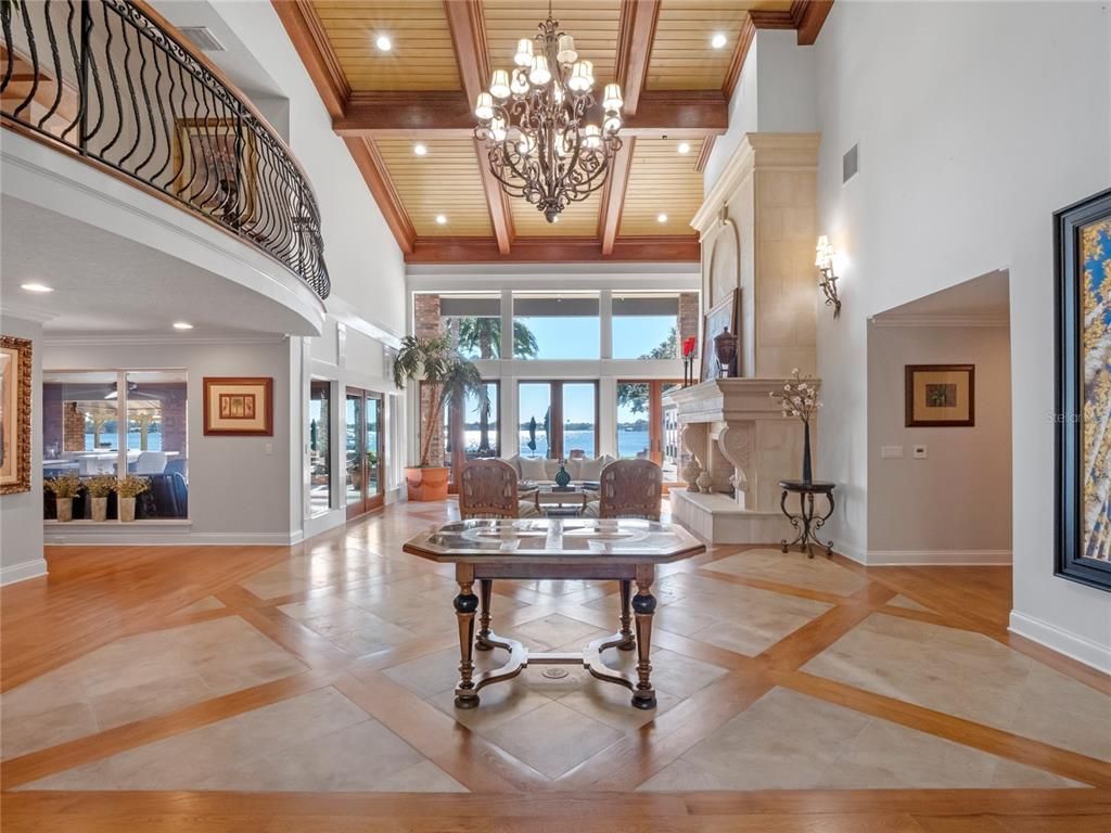 Chandelier, Fireplace, Interior, Living room, Recessed Lighting, Wooden Beams, Wooden Ceilings