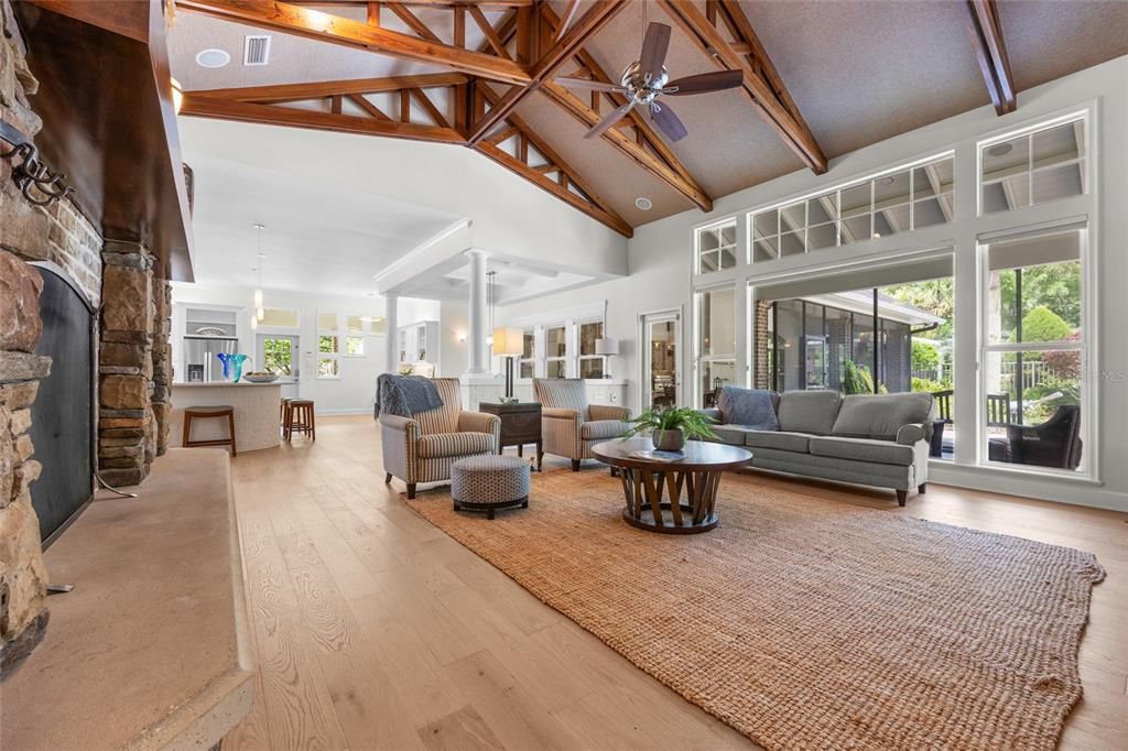 Fireplace, Interior, Living room, Pendant Lights, Stone Walls, Wooden Beams, Wood Texture Flooring