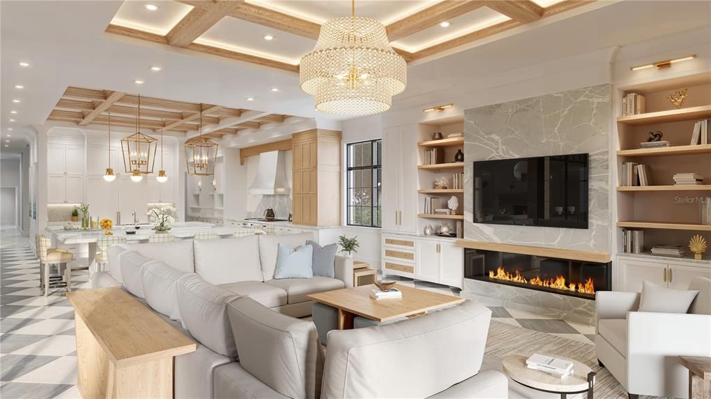 Chandelier, Fireplace, Interior, Kitchen, Living room, Pendant Lights, Recessed Lighting, Wooden Beams