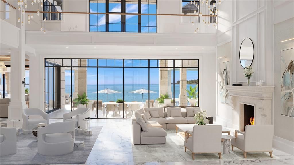 Fireplace, Interior, Living room, Marble, Pendant Lights, Recessed Lighting, Water