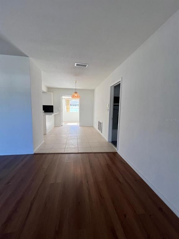 Empty room, Interior, Kitchen, Pendant Lights, Wood Texture Flooring