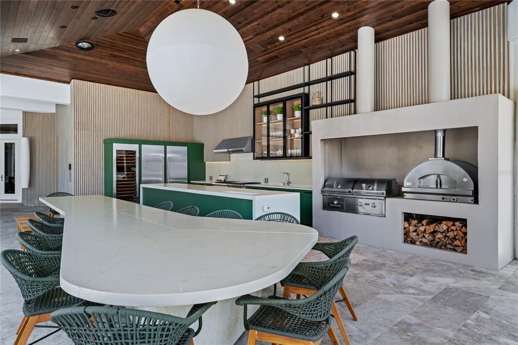 Dining room, Fireplace, Interior, Kitchen, Pendant Lights, Recessed Lighting, Wooden Ceilings
