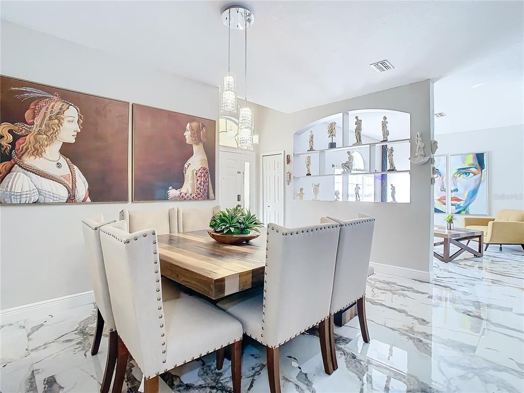 Dining room, Interior, Marble, Pendant Lights