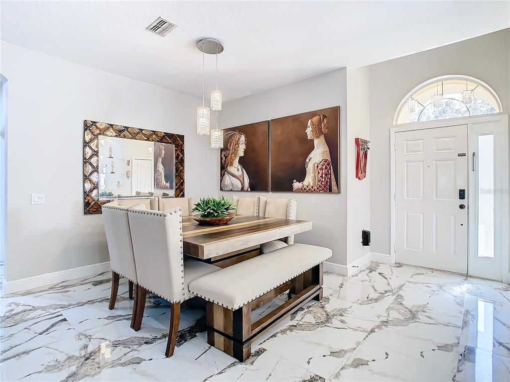 Dining room, Interior, Marble, Pendant Lights