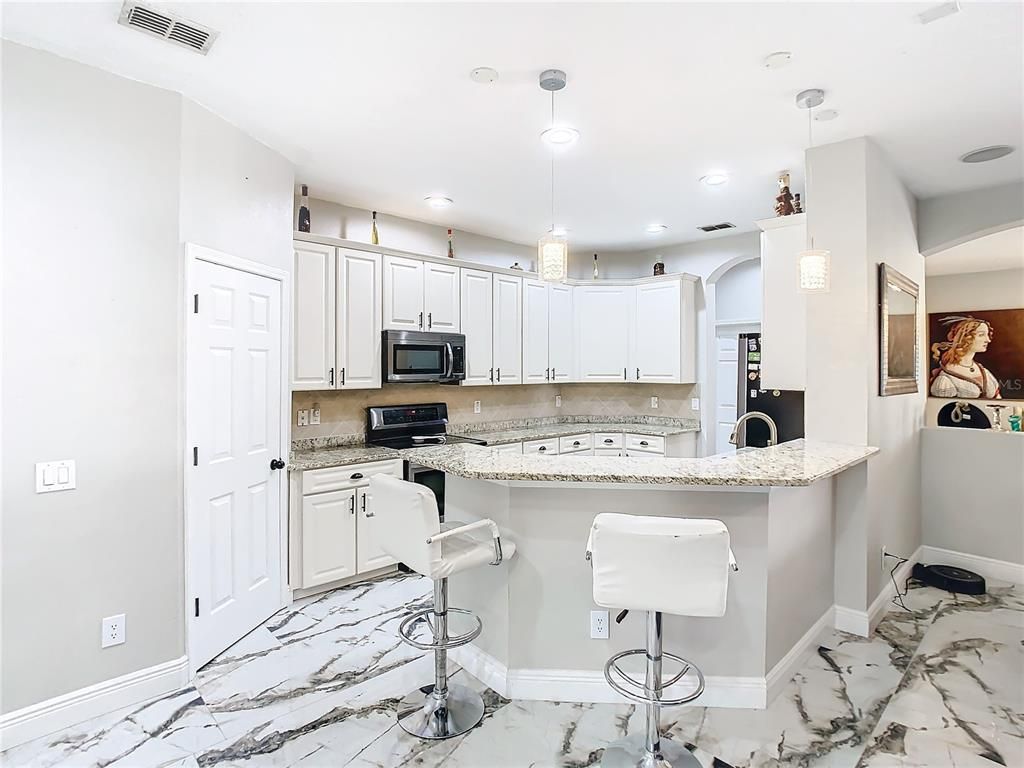 Interior, Kitchen, Marble, Pendant Lights, Recessed Lighting