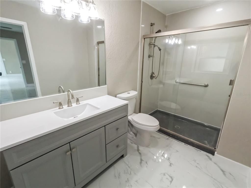 Bathroom, Glass Shower, Interior, Marble, Recessed Lighting