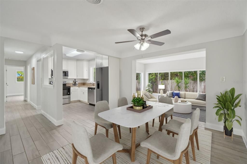 Dining room, Interior, Kitchen, Living room, Recessed Lighting, Stainless Steel Appliances, Wood Texture Flooring