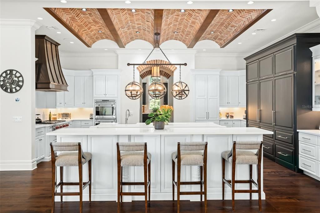 Chandelier, Interior, Kitchen, Pendant Lights, Recessed Lighting, Stainless Steel Appliances, Wooden Beams, Wooden Ceilings, Wood Texture Flooring