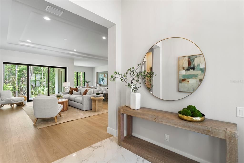 Interior, Living room, Marble, Recessed Lighting, Wood Texture Flooring