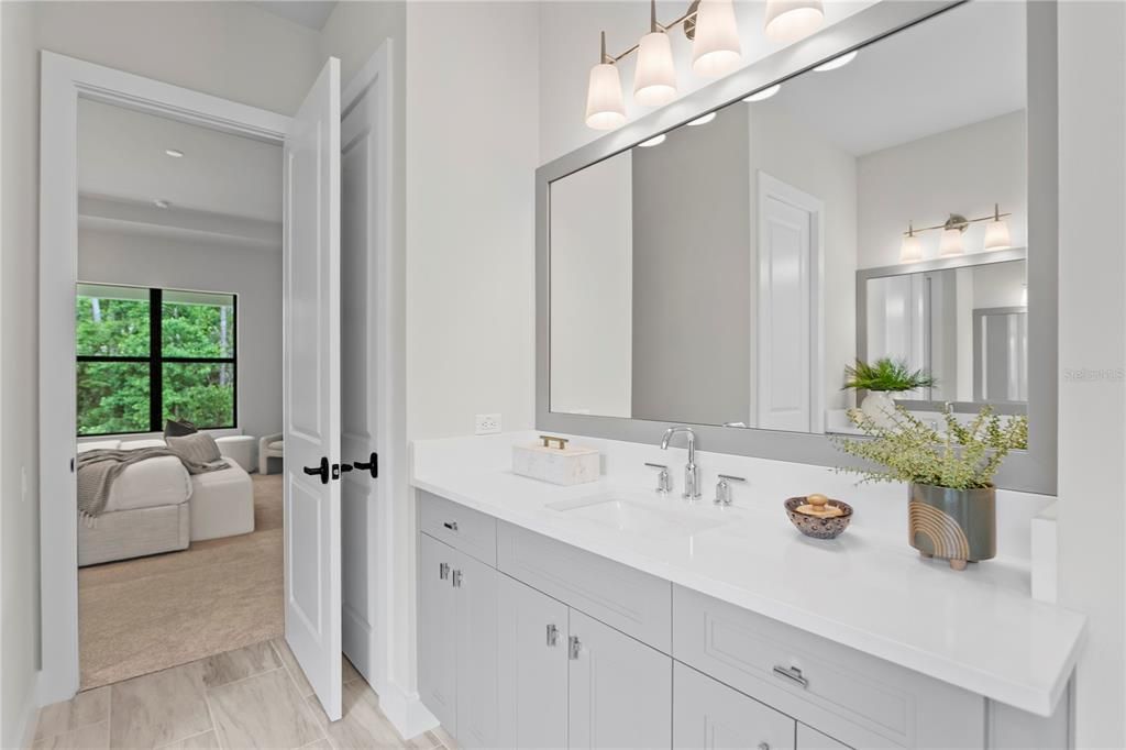 Bathroom, Dual Sink Vanities, Interior, Recessed Lighting, Wood Texture Flooring