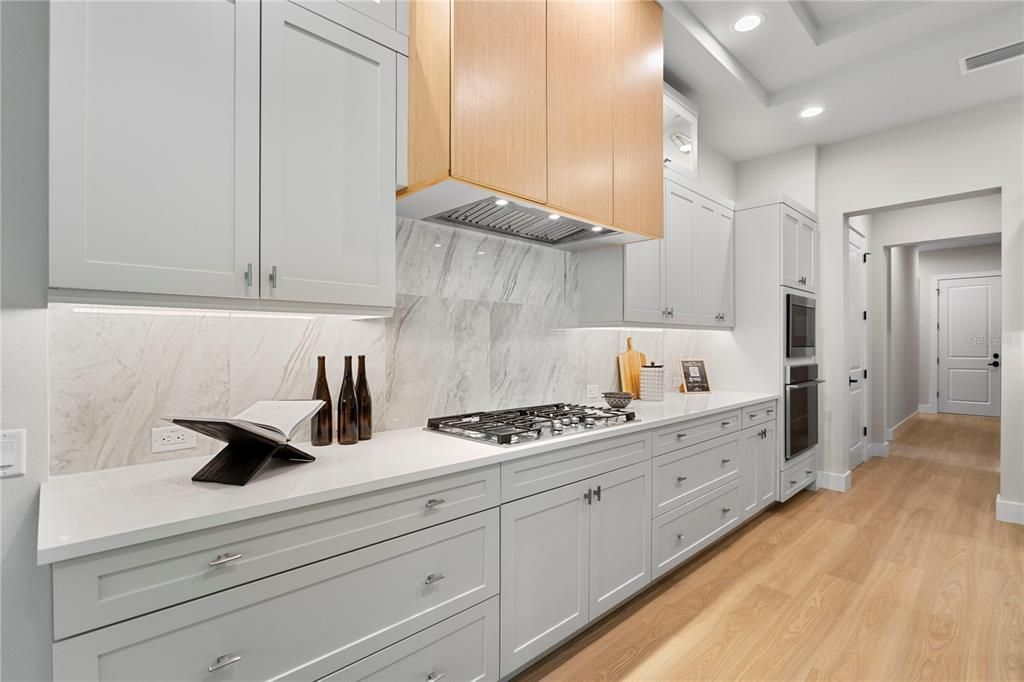 Interior, Kitchen, Marble Walls, Recessed Lighting, Wood Texture Flooring