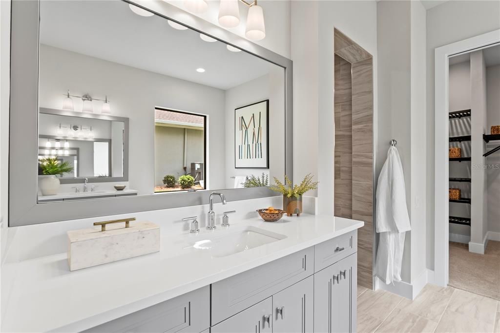 Bathroom, Dual Sink Vanities, Interior, Marble, Recessed Lighting