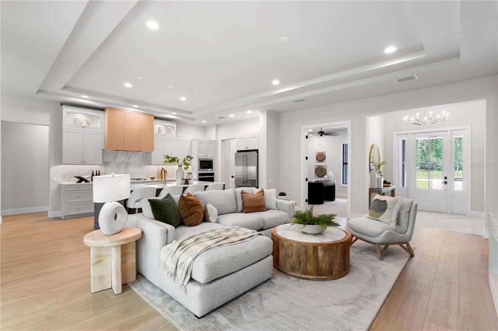 Chandelier, Interior, Kitchen, Living room, Recessed Lighting, Stainless Steel Appliances, Wood Texture Flooring
