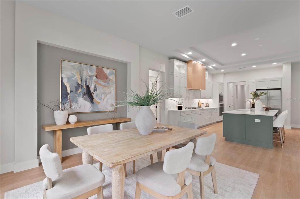 Dining room, Interior, Kitchen, Recessed Lighting, Wood Texture Flooring