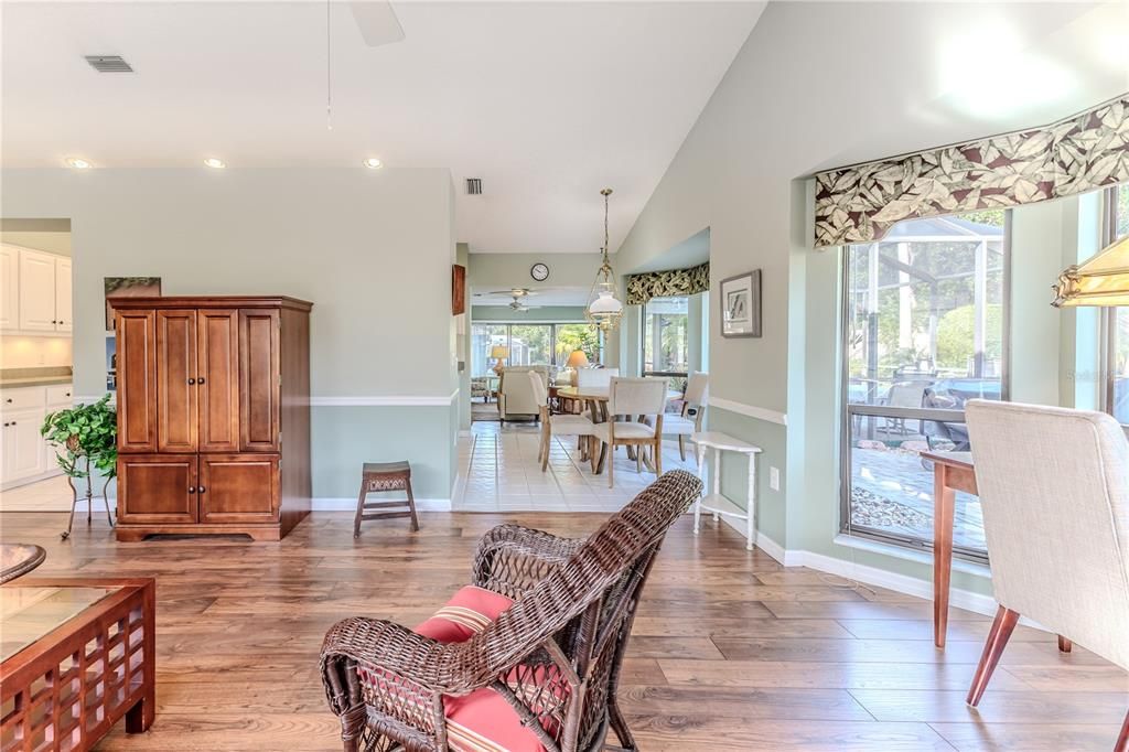 Dining room, Interior, Living room, Pendant Lights, Recessed Lighting, Wood Texture Flooring