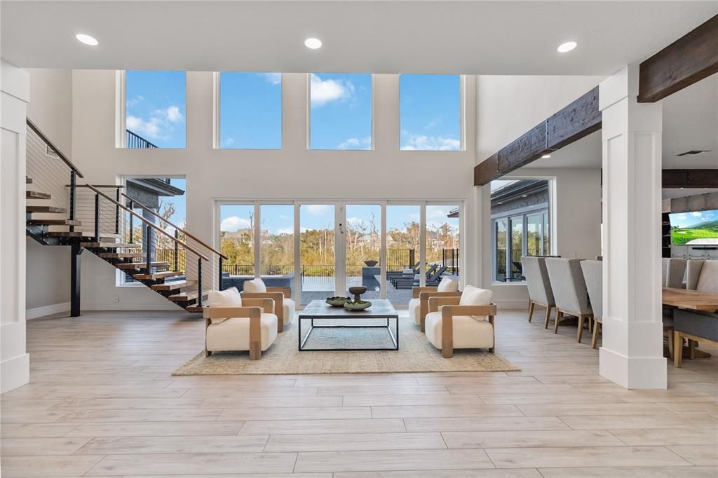 Dining room, Interior, Living room, Recessed Lighting, Water, Wood Texture Flooring