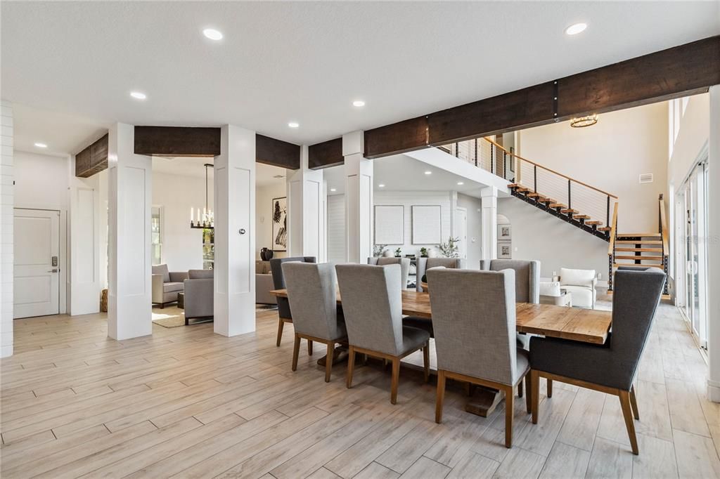 Dining room, Interior, Pendant Lights, Recessed Lighting, Wooden Beams, Wood Texture Flooring