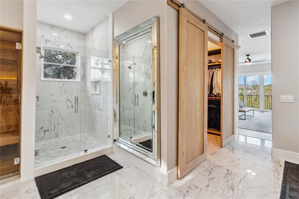 Bathroom, Glass Shower, Interior, Marble, Marble Walls, Recessed Lighting, Walk-in Closets