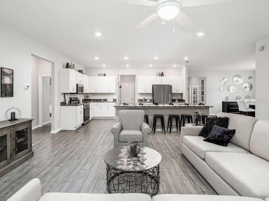 Interior, Kitchen, Living room, Recessed Lighting, Stainless Steel Appliances, Wood Texture Flooring