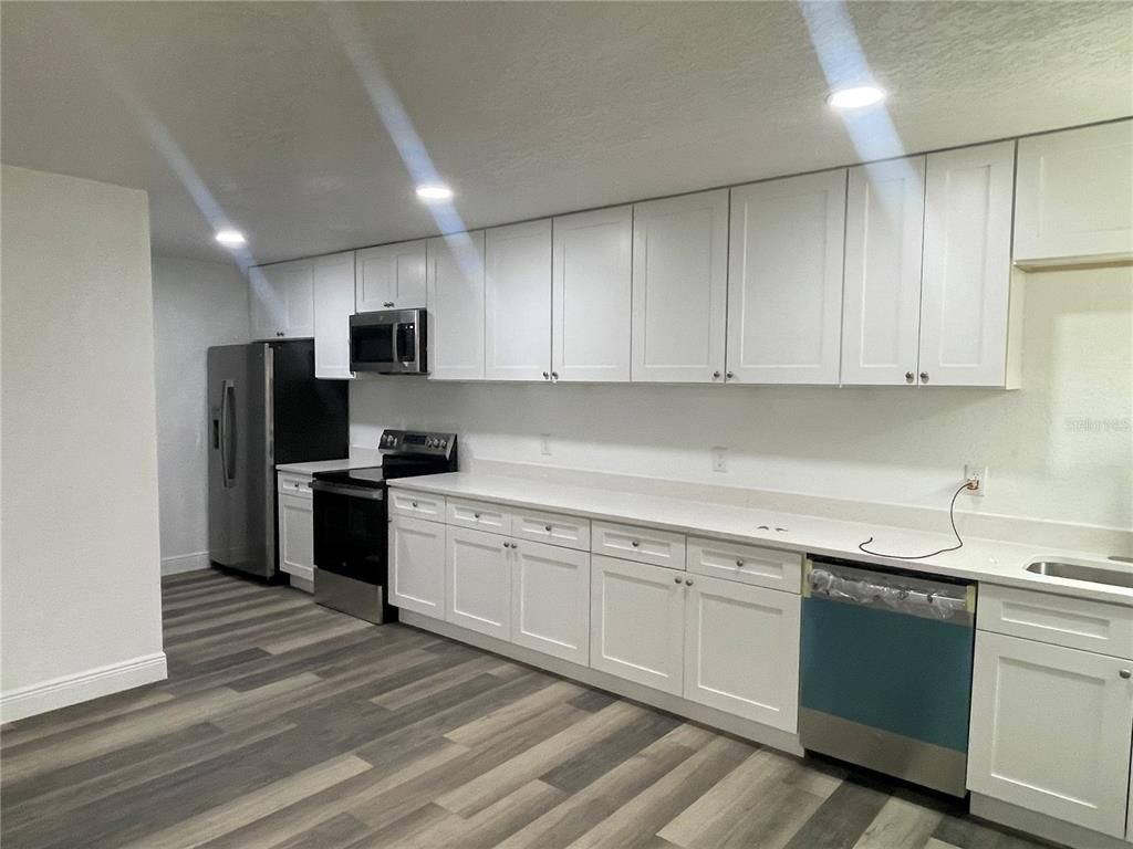 Interior, Kitchen, Recessed Lighting, Wood Texture Flooring