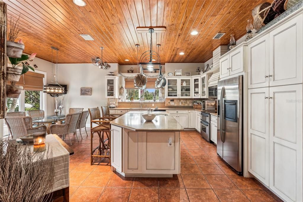 Dining room, Interior, Kitchen, Pendant Lights, Recessed Lighting, Stainless Steel Appliances, Wooden Ceilings