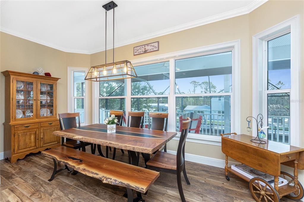 Dining room, Interior, Pendant Lights, Wood Texture Flooring