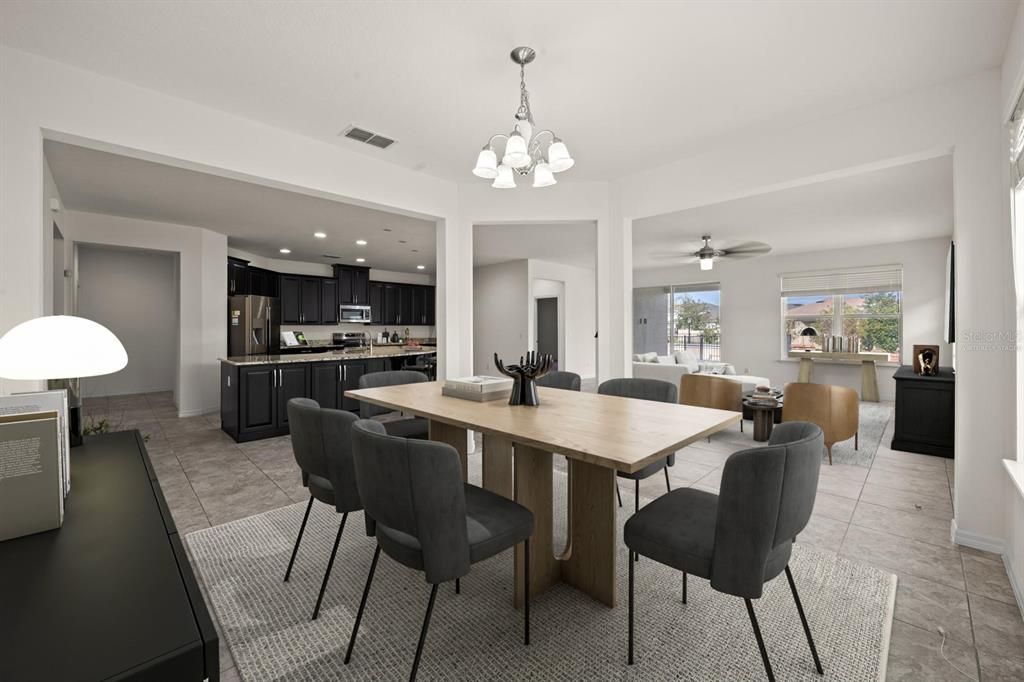 Chandelier, Dining room, Interior, Kitchen, Recessed Lighting, Stainless Steel Appliances