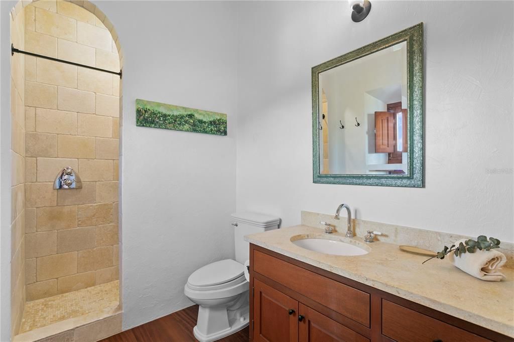 Bathroom, Interior, Stone Walls, Wood Texture Flooring