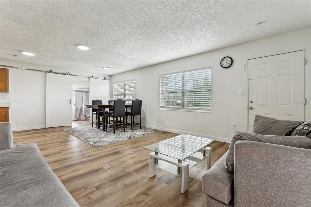 Dining room, Interior, Recessed Lighting, Wood Texture Flooring