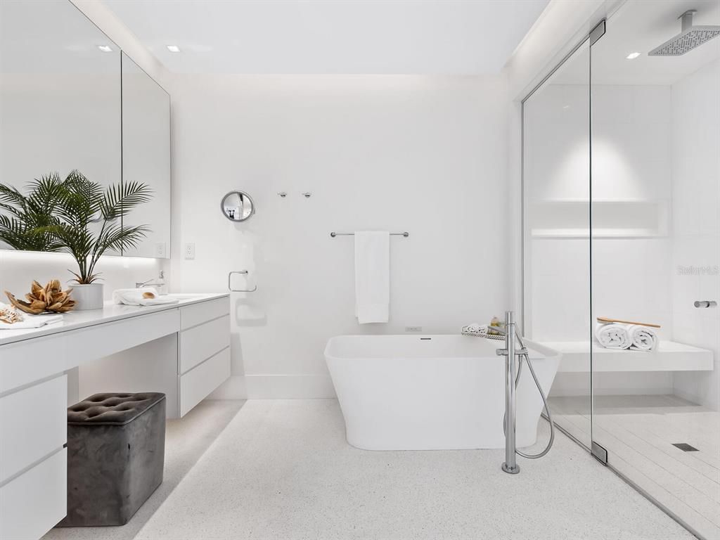 Bathroom, Free Standing Baths, Glass Shower, Interior, Recessed Lighting