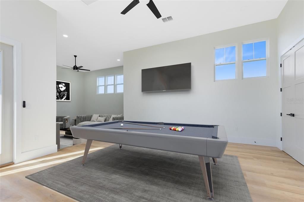Billiard Table, Game Room, Interior, Recessed Lighting, Wood Texture Flooring
