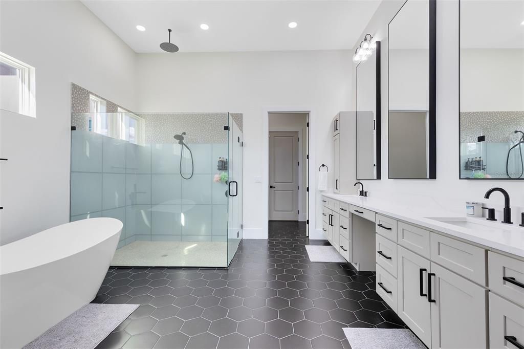 Bathroom, Dual Sink Vanities, Free Standing Baths, Glass Shower, Interior, Recessed Lighting