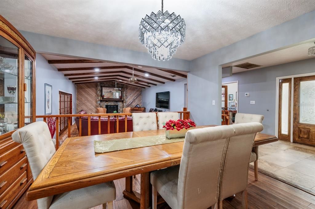 Chandelier, Dining room, Interior, Pendant Lights, Wooden Beams, Wood Texture Flooring