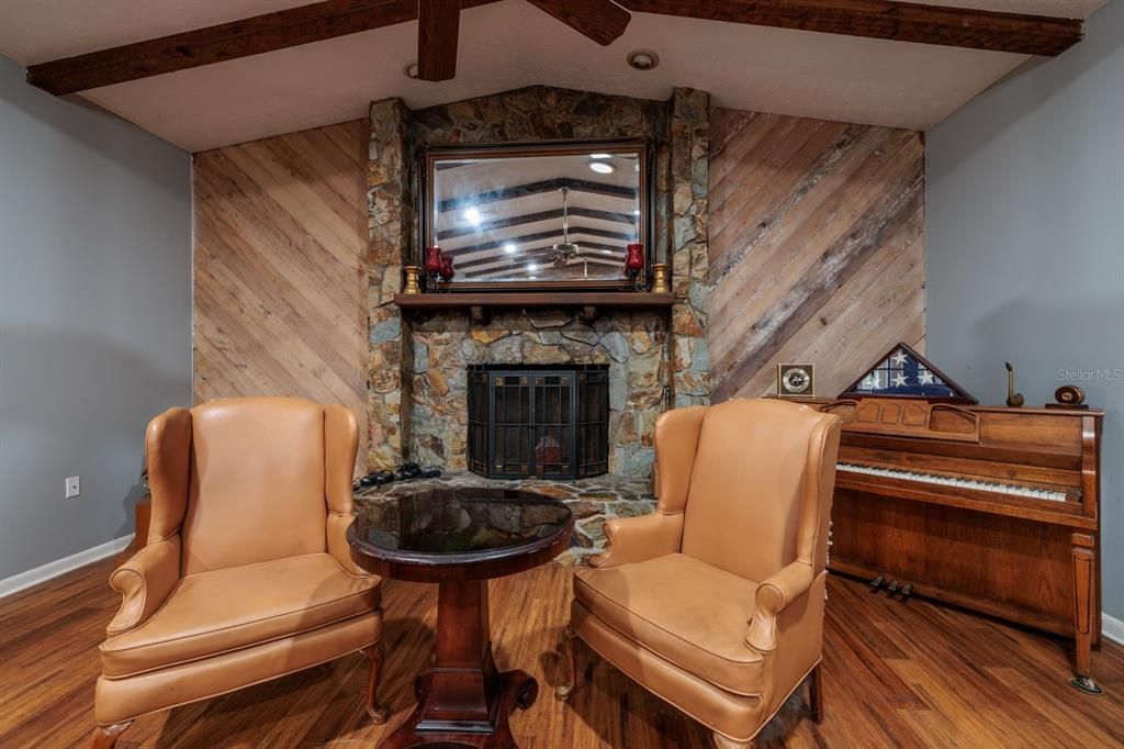 Fireplace, Interior, Piano, Recessed Lighting, Wooden Beams, Wood Texture Flooring, Wooden Walls