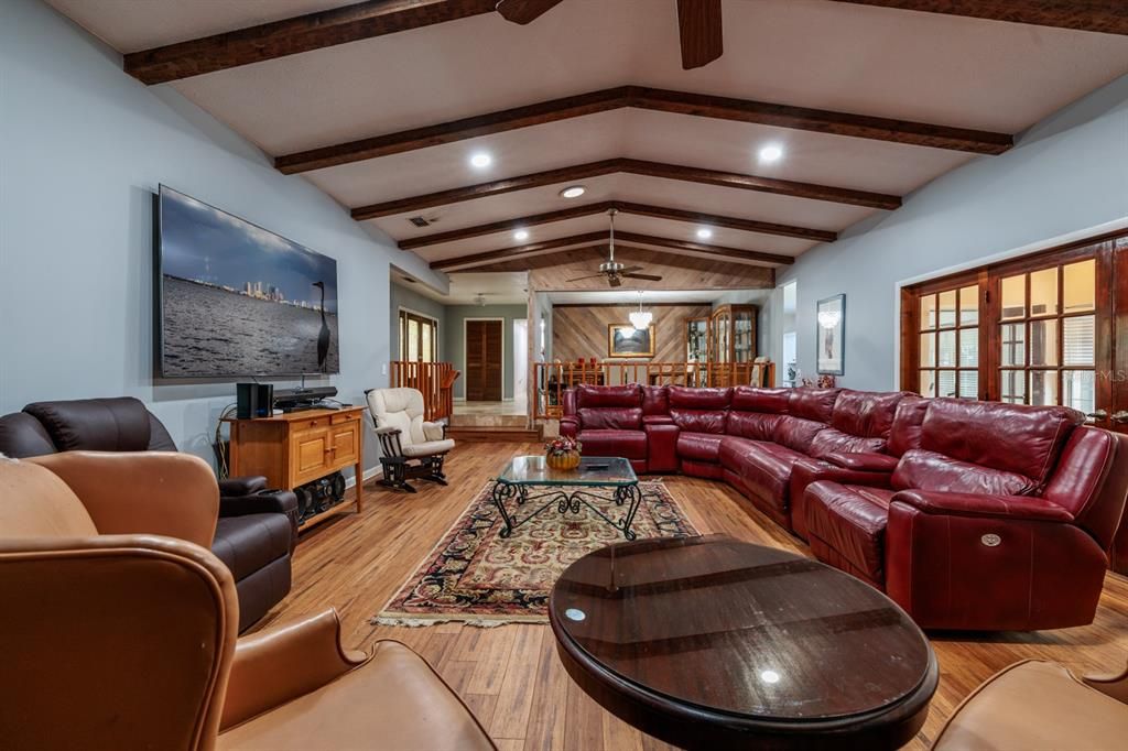 Interior, Living room, Recessed Lighting, Wooden Beams, Wood Texture Flooring
