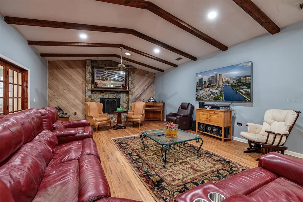 Fireplace, Interior, Living room, Recessed Lighting, Stone Walls, Wooden Beams, Wood Texture Flooring, Wooden Walls
