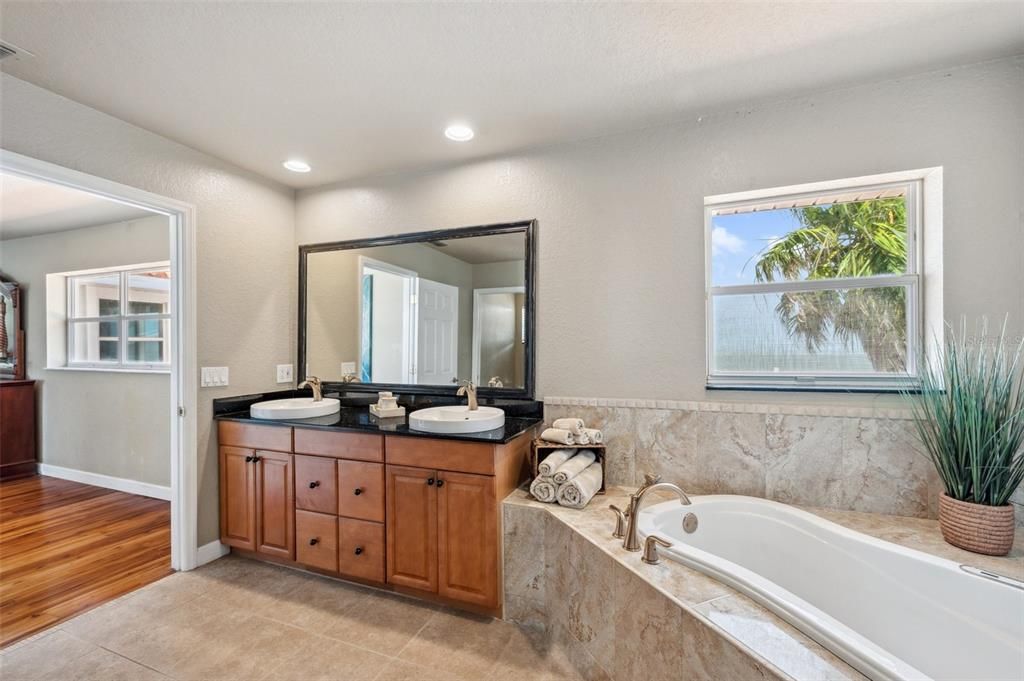 Bathroom, Dual Sink Vanities, Interior, Recessed Lighting, Wood Texture Flooring