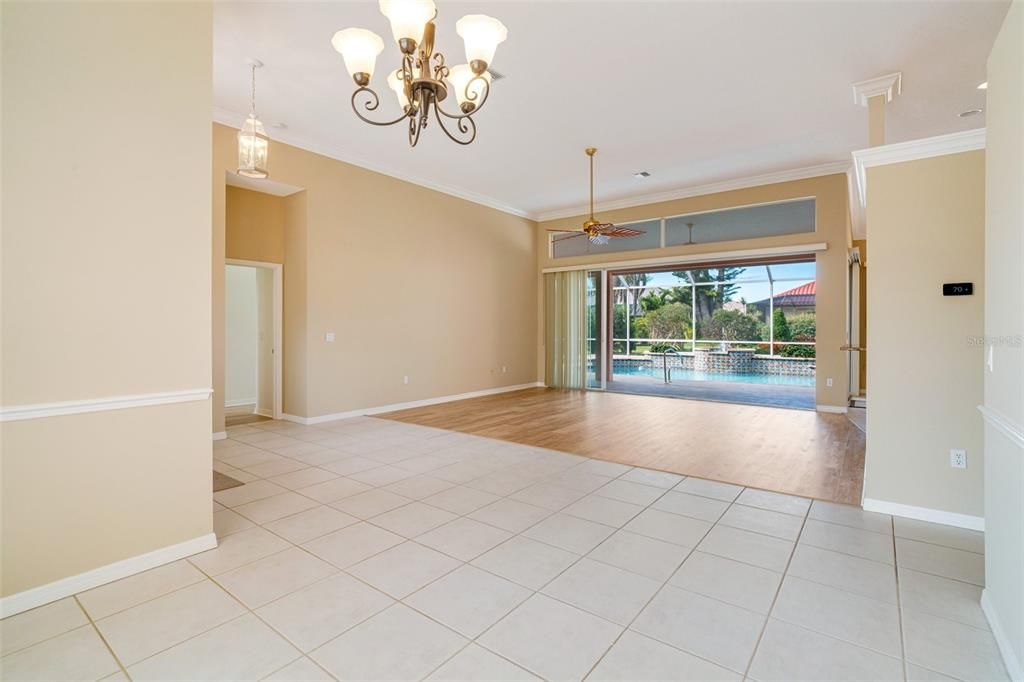 Chandelier, Empty room, Interior, Pendant Lights, Wood Texture Flooring