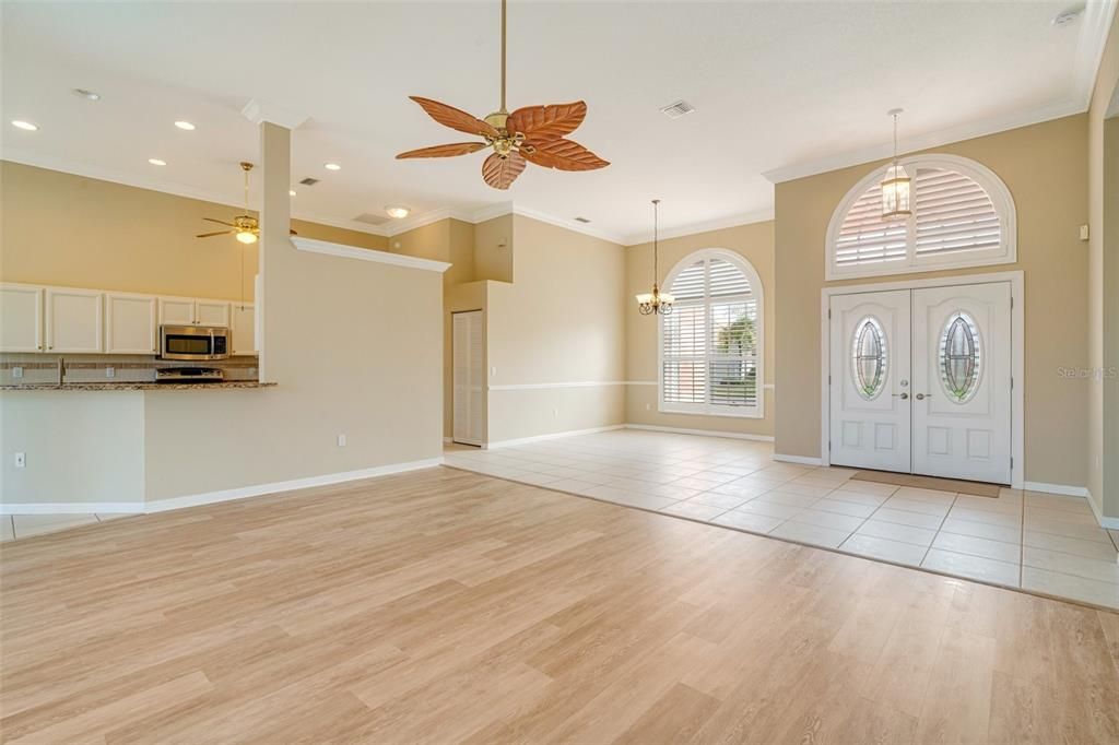 Chandelier, Empty room, Interior, Kitchen, Pendant Lights, Recessed Lighting, Wood Texture Flooring