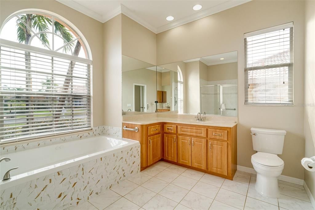 Bathroom, Dual Sink Vanities, Interior, Marble, Recessed Lighting